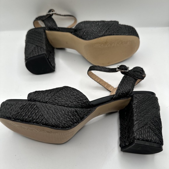NEW Calvin Klein Lessia Ankle Strap Block Platform Heel Raffia Woven Sz 7 1/2 - Picture 7 of 10